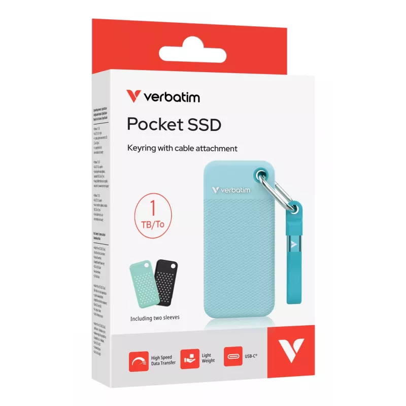 Verbatim Pocket SSD USB 3.2 Gen 2 1TB Polar Blue su dviem guminiais gaubtais