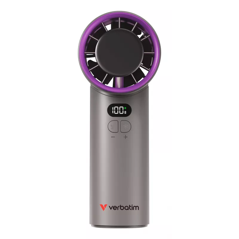Verbatim Cool’n’Go IceTouch rankinis ventiliatorius pilkas/violetinis, Pilka, Violetinė, 1 ventiliatorius(-iai), Rankinis ventiliatorius, 1 vnt., 8 W, Ličio jonų (Li-Ion)