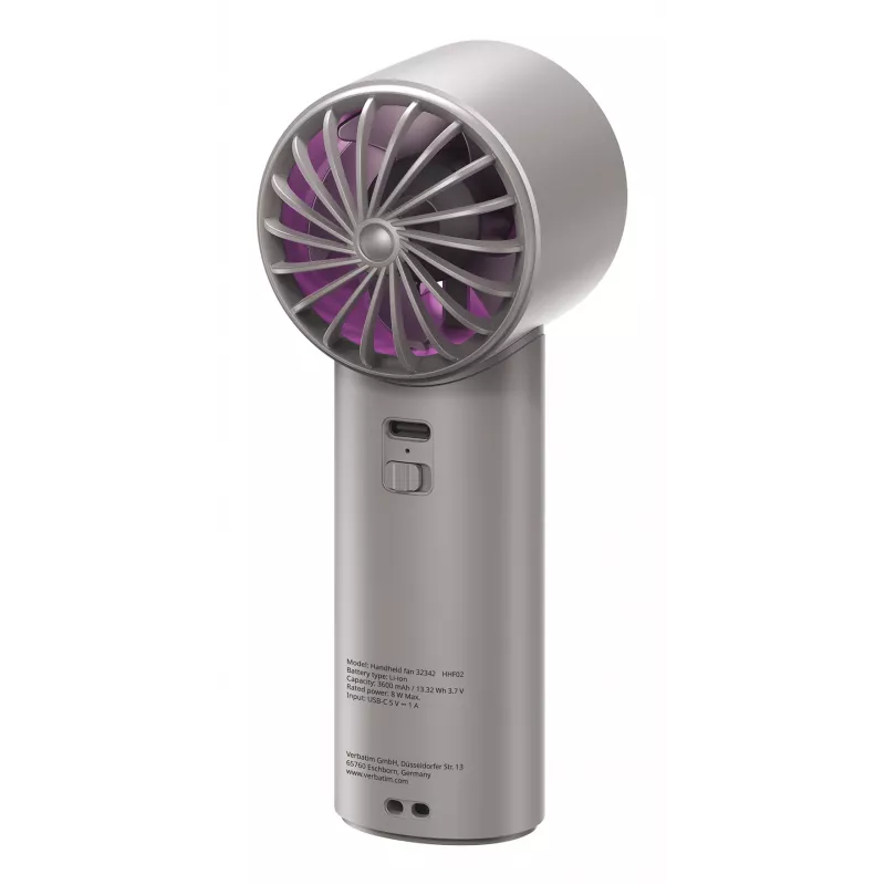 Verbatim Cool’n’Go IceTouch rankinis ventiliatorius pilkas/violetinis, Pilka, Violetinė, 1 ventiliatorius(-iai), Rankinis ventiliatorius, 1 vnt., 8 W, Ličio jonų (Li-Ion)