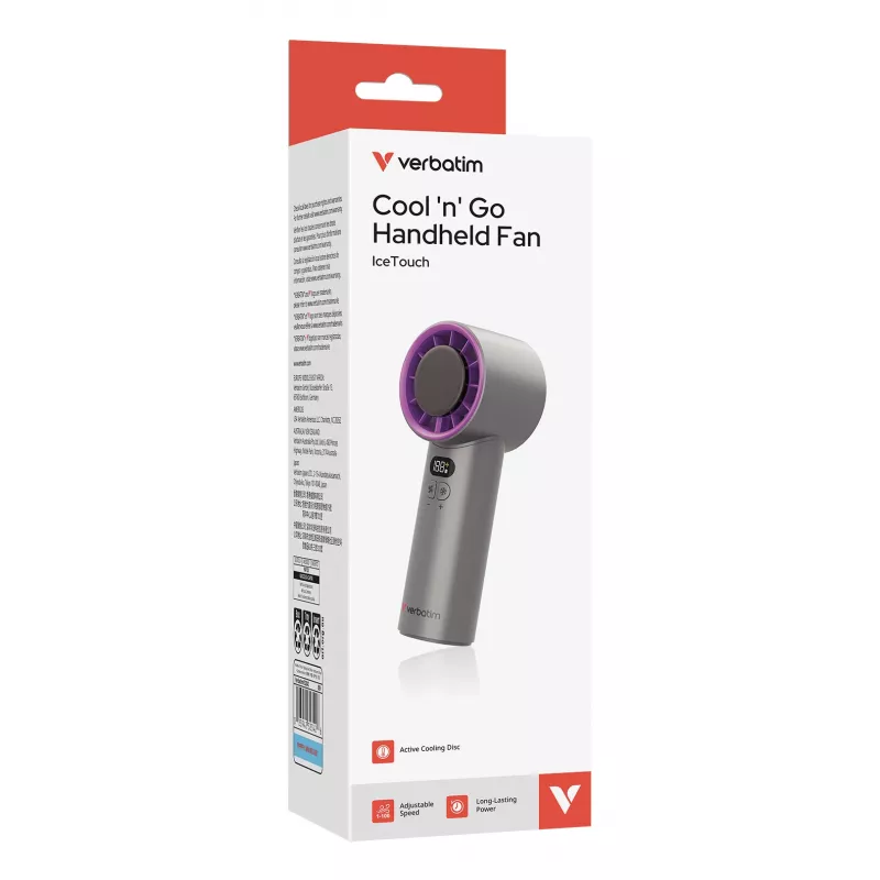 Verbatim Cool’n’Go IceTouch rankinis ventiliatorius pilkas/violetinis, Pilka, Violetinė, 1 ventiliatorius(-iai), Rankinis ventiliatorius, 1 vnt., 8 W, Ličio jonų (Li-Ion)