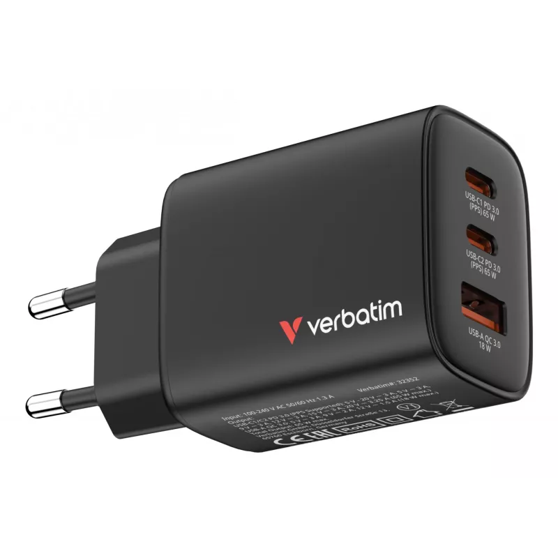 Verbatim Essentials GaN Charger 65W EU plug Juoda, Indoor, AC, 20 V, Juoda