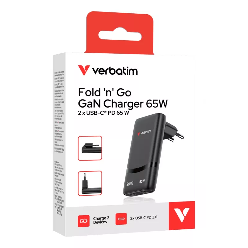 Verbatim Fold 'n' Go GaN Charger 65W EU kištukas Juodas, Vidaus, Kintamoji srovė, 20 V, Juodas