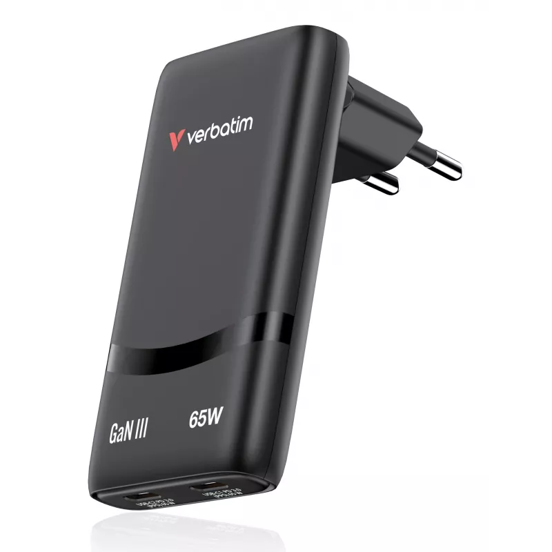 Verbatim Fold 'n' Go GaN Charger 65W EU kištukas Juodas, Vidaus, Kintamoji srovė, 20 V, Juodas