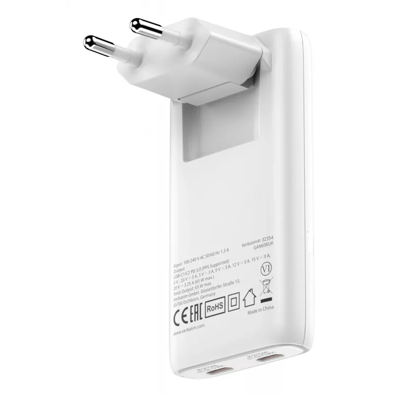 Verbatim Fold 'n' Go GaN Charger 65W EU plug White, Indoor, AC, 20 V, White