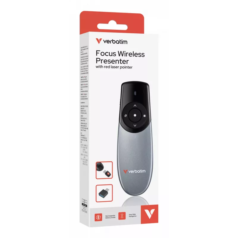 Verbatim Focus belaidis pranešėjas su raudonu lazeriniu rodykle, RF, USB, 30 m, juoda, sidabrinė