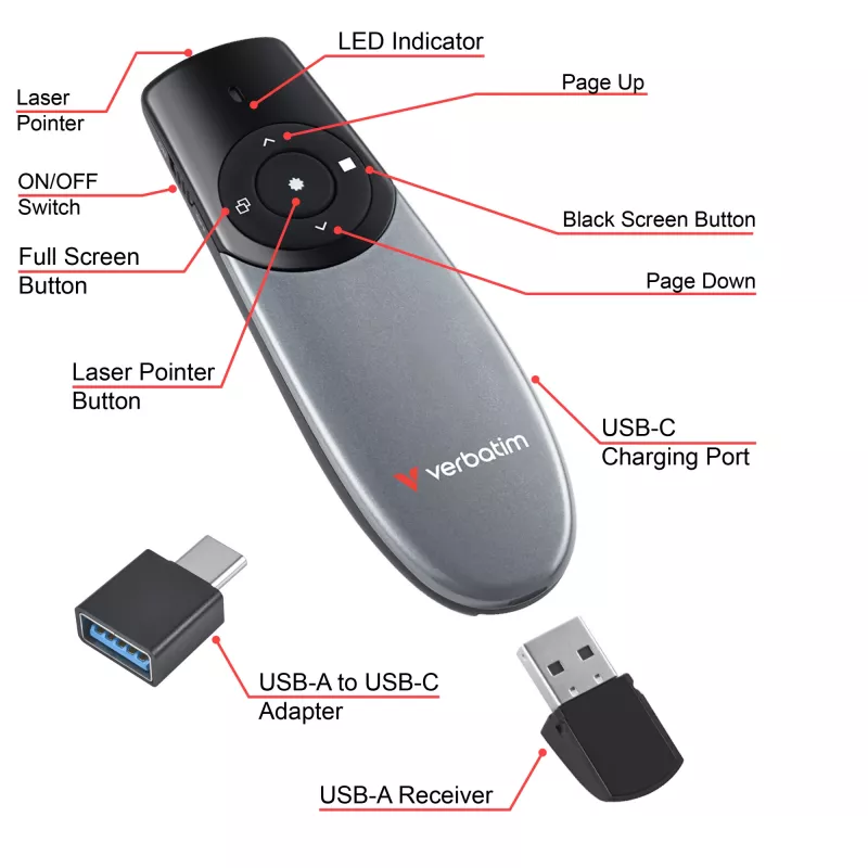 Verbatim Focus belaidis pranešėjas su raudonu lazeriniu rodykle, RF, USB, 30 m, juoda, sidabrinė