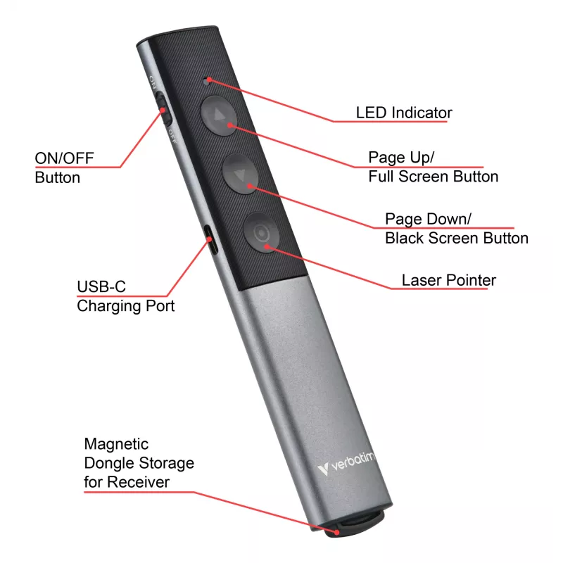 Verbatim Agenda belaidis pateikčių valdiklis su raudonu lazeriniu žymekliu, RF, USB, 100 m, juoda, sidabrinė