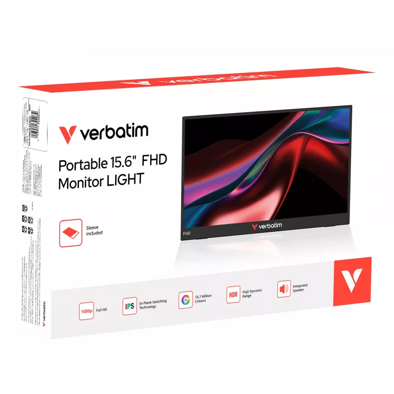 Verbatim Portable 15.6 inch FHD Monitor LIGHT, 39,6 cm (15,6 col.), LCD, 1920 x 1080 pikselių, Full HD, 16:9, 10 ms