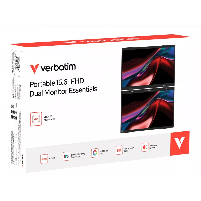 Verbatim Portable 15.6 inch FHD Dual Monitor Essentials, 39.6 cm (15.6 colio), LCD, 1920 x 1080 pikselių, Full HD, 16:9, 10 ms