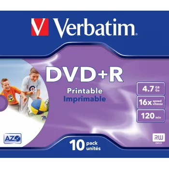 Verbatim DVD+R Wide Inkjet Printable ID Brand, DVD+R, 120 mm, Spausdinamas, Dėžutė, 10 vnt., 4,7 GB