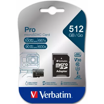 Verbatim Pro U3 512GB Micro SDXC kortelė, 512 GB, MicroSDXC, Class 10, UHS-I, 100 MB/s, 90 MB/s