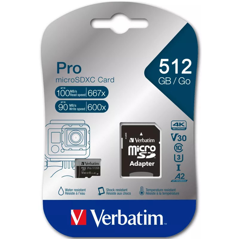 Verbatim Pro U3 512GB Micro SDXC kortelė, 512 GB, MicroSDXC, Class 10, UHS-I, 100 MB/s, 90 MB/s