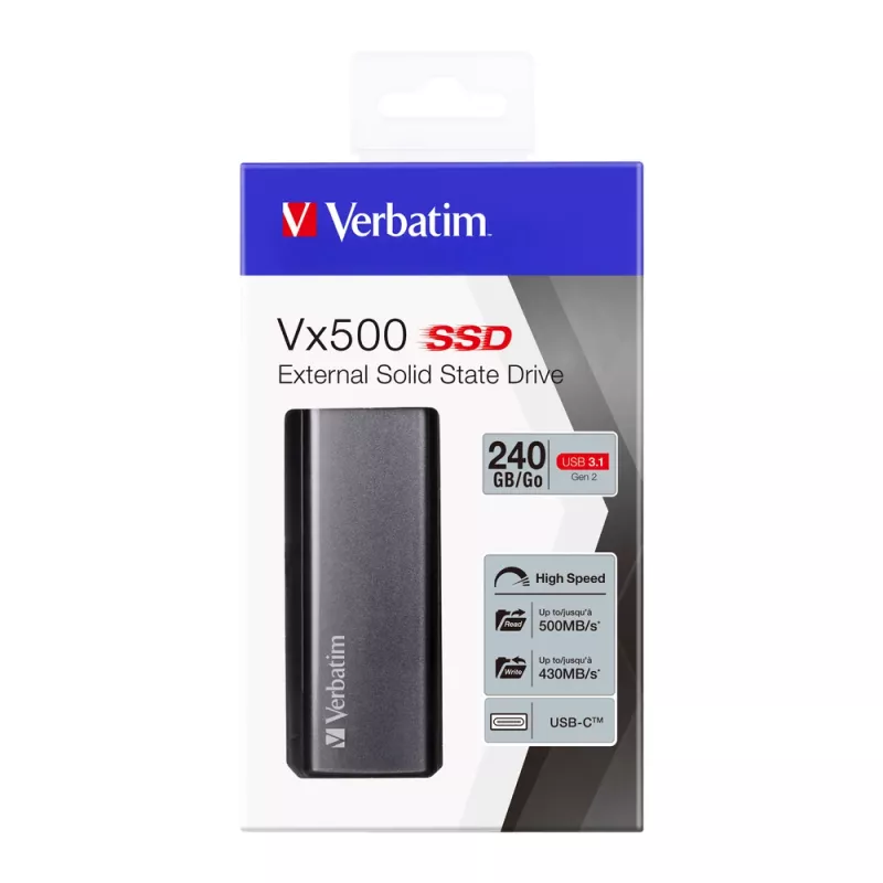 Verbatim Vx500 išorinis SSD USB 3.1 Gen 2 240GB, 240 GB, USB Type-C, 3.2 Gen 2 (3.1 Gen 2), 500 MB/s, sidabrinis