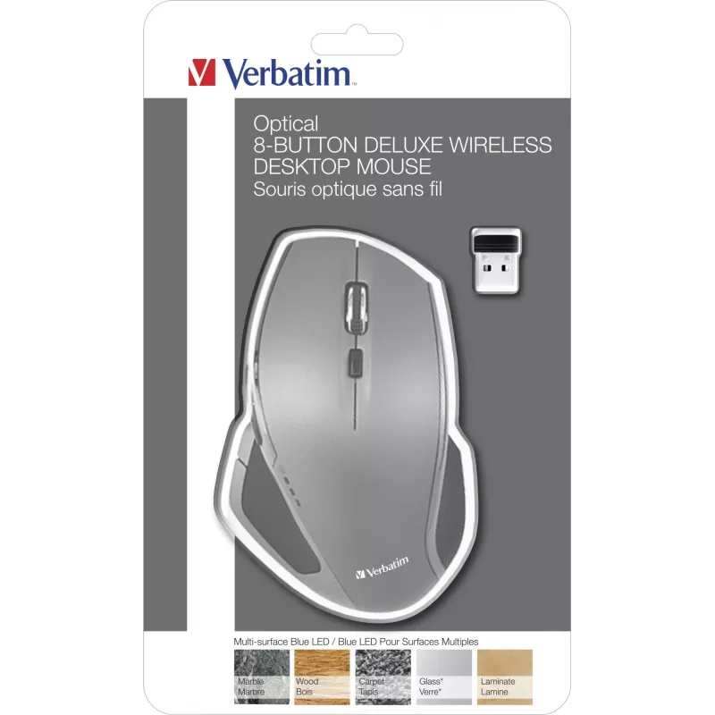 Verbatim 8 mygtukų belaidė mėlyno LED pelė, mėlynas LED, RF belaidė, 1600 DPI, juoda, pilka