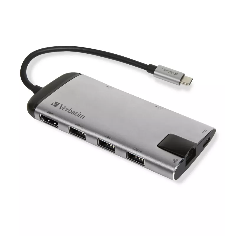 Verbatim 49142 nešiojamojo kompiuterio dokas / prievadų daugiklis USB 3.2 Gen 1 (3.1 Gen 1) Type-C, juoda, sidabrinė
