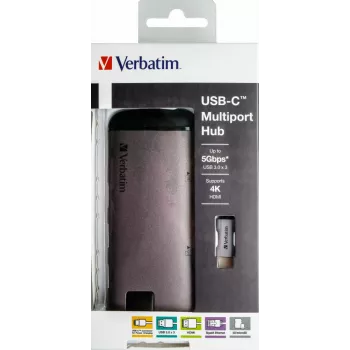Verbatim 49142 nešiojamojo kompiuterio dokas / prievadų daugiklis USB 3.2 Gen 1 (3.1 Gen 1) Type-C, juoda, sidabrinė