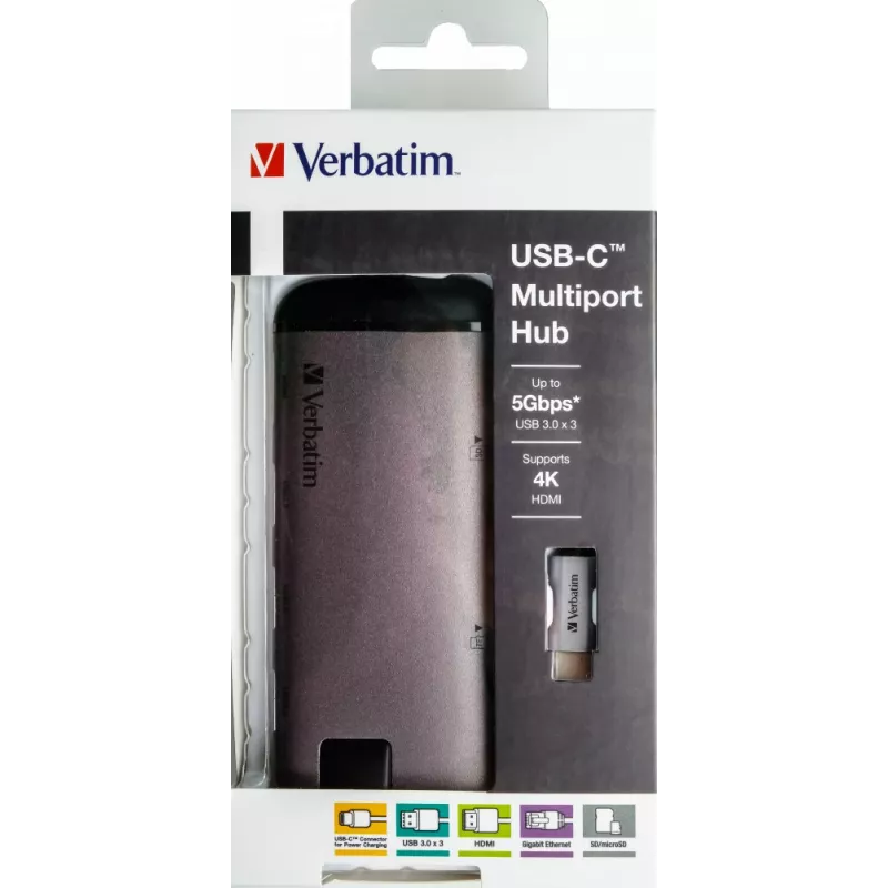 Verbatim 49142 nešiojamojo kompiuterio dokas / prievadų daugiklis USB 3.2 Gen 1 (3.1 Gen 1) Type-C, juoda, sidabrinė