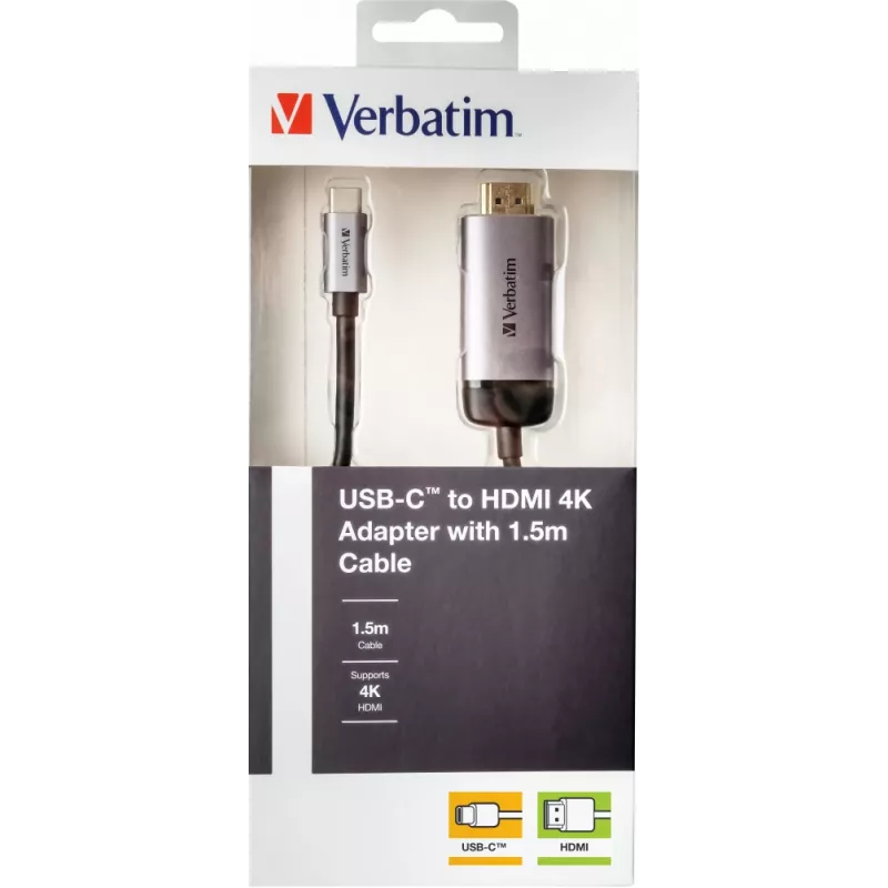 Verbatim 49144 vaizdo kabelio adapteris 1,5 m USB Type-C HDMI juodas, sidabrinis