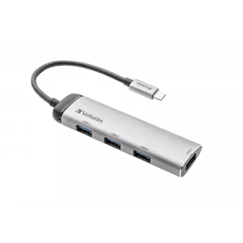 Verbatim USB-C daugiafunkcis šakotuvas, keturių prievadų, USB 3.2 Gen 1, USB 3.2 Gen 1 (3.1 Gen 1) Type-C, USB 3.2 Gen 1 (3.1 Gen 1) Type-A, 5000 Mbit/s, pilka, aliuminis, plastikas, 0,15 m