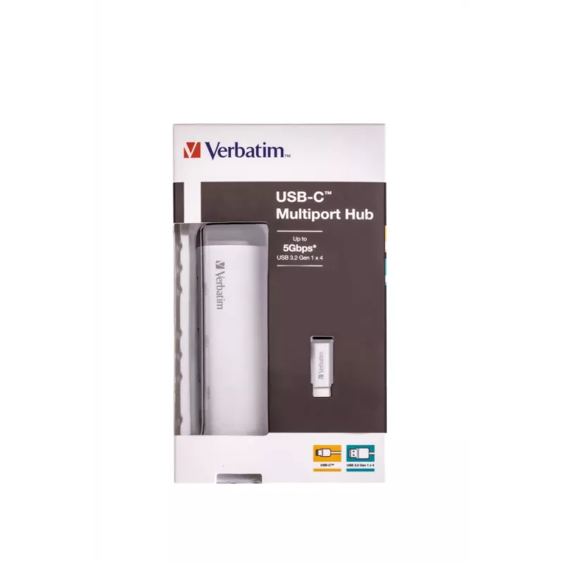 Verbatim USB-C daugiafunkcis šakotuvas, keturių prievadų, USB 3.2 Gen 1, USB 3.2 Gen 1 (3.1 Gen 1) Type-C, USB 3.2 Gen 1 (3.1 Gen 1) Type-A, 5000 Mbit/s, pilka, aliuminis, plastikas, 0,15 m