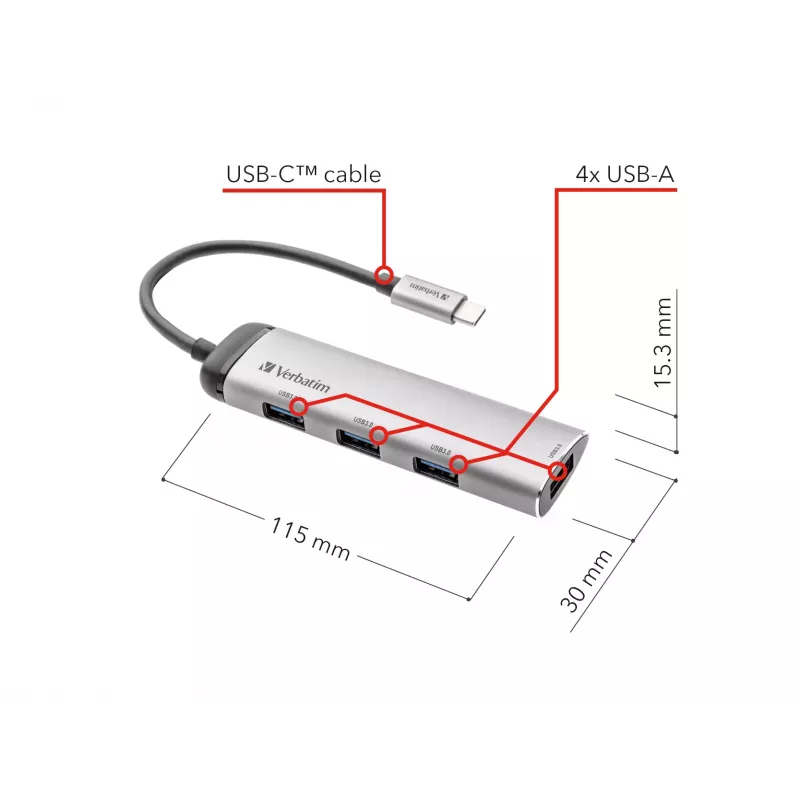 Verbatim USB-C daugiafunkcis šakotuvas, keturių prievadų, USB 3.2 Gen 1, USB 3.2 Gen 1 (3.1 Gen 1) Type-C, USB 3.2 Gen 1 (3.1 Gen 1) Type-A, 5000 Mbit/s, pilka, aliuminis, plastikas, 0,15 m