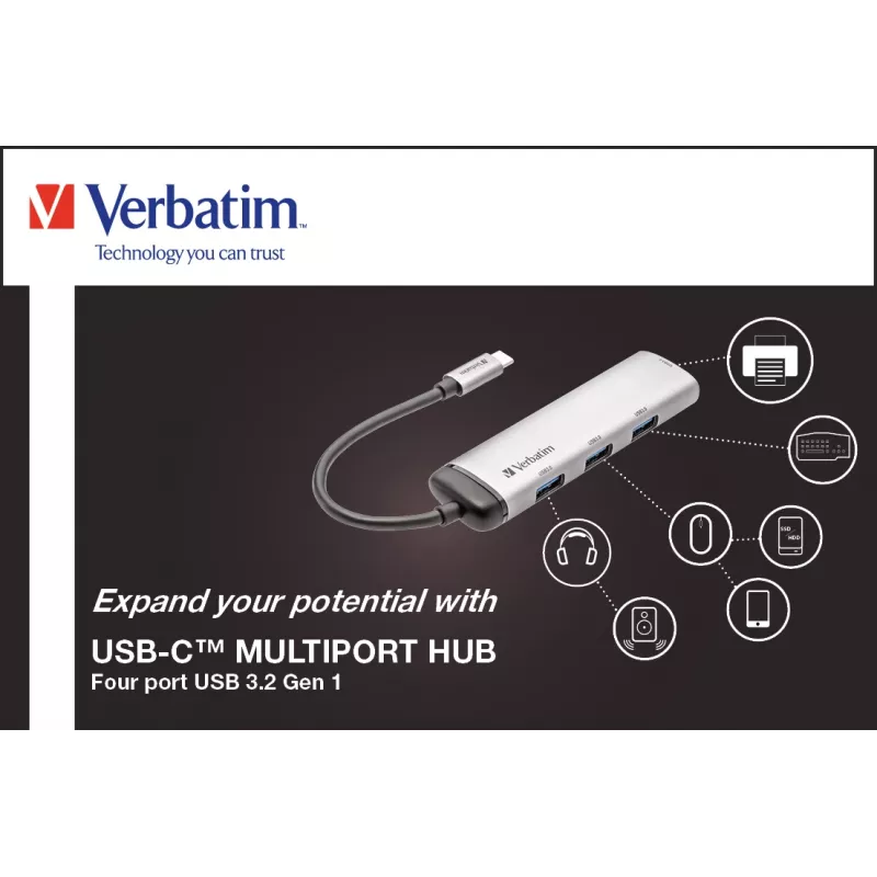 Verbatim USB-C daugiafunkcis šakotuvas, keturių prievadų, USB 3.2 Gen 1, USB 3.2 Gen 1 (3.1 Gen 1) Type-C, USB 3.2 Gen 1 (3.1 Gen 1) Type-A, 5000 Mbit/s, pilka, aliuminis, plastikas, 0,15 m