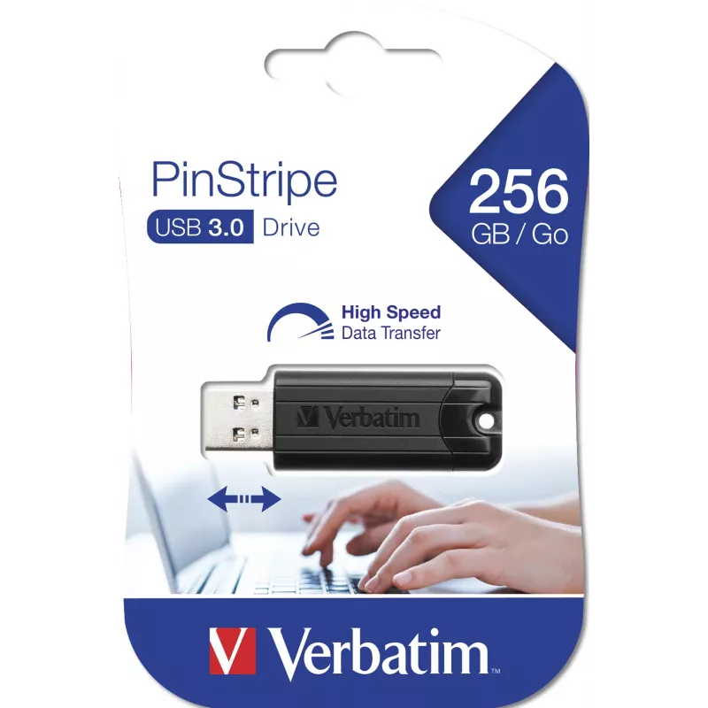 Verbatim PinStripe 3.0 - USB 3.0 atmintinė 256GB – juoda, 256 GB, USB Type-A, 3.2 Gen 1 (3.1 Gen 1), slankiojamoji, 7 g, juoda