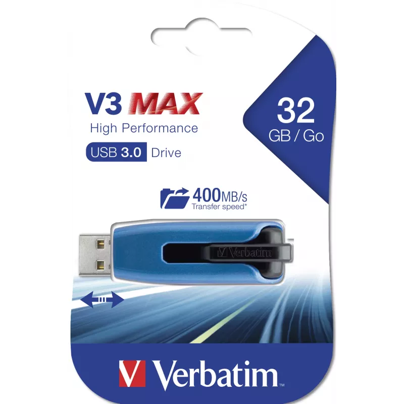 Verbatim V3 MAX - USB 3.0 atmintinė 32 GB - mėlyna, 32 GB, USB Type-A, 3.2 Gen 1 (3.1 Gen 1), 175 MB/s, stumdoma, mėlyna