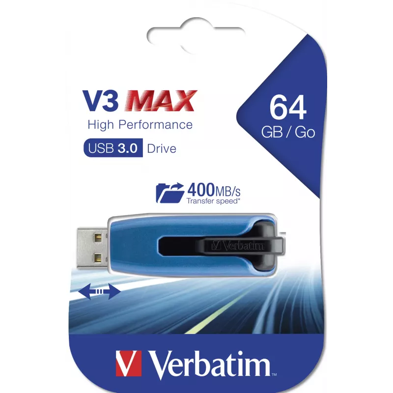 Verbatim V3 MAX - USB 3.0 atmintinė 64 GB - mėlyna, 64 GB, USB Type-A, 3.2 Gen 1 (3.1 Gen 1), slankioji, 10 g, mėlyna