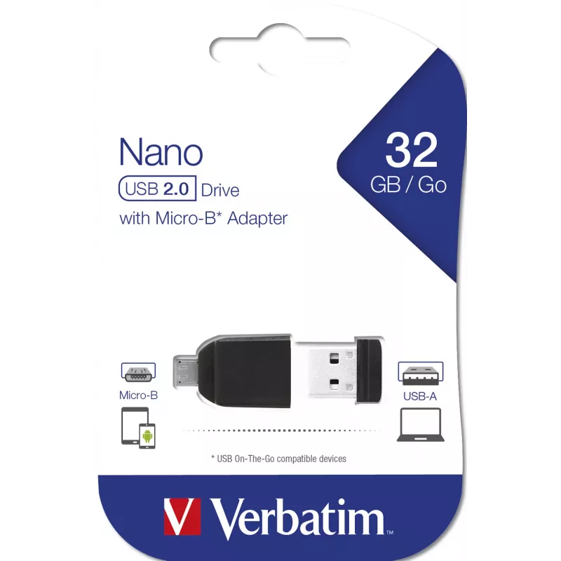 Verbatim Nano – USB 2.0 atmintukas su „Micro USB“ adapteriu, 32 GB – juodas