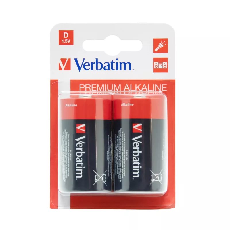 Verbatim D šarminės baterijos, Vienkartinė baterija, Šarminė, 1,5 V, 2 vnt., Įvairių spalvų, 34,2 mm