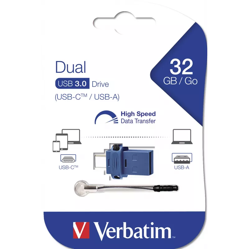 Verbatim Dual - USB 3.0 atmintinė 32 GB - USB-C / USB-A - mėlyna, 32 GB, USB A tipo / USB C tipo, 3.2 Gen 1 (3.1 Gen 1), be dangtelio, 3,6 g, juoda, mėlyna, sidabrinė