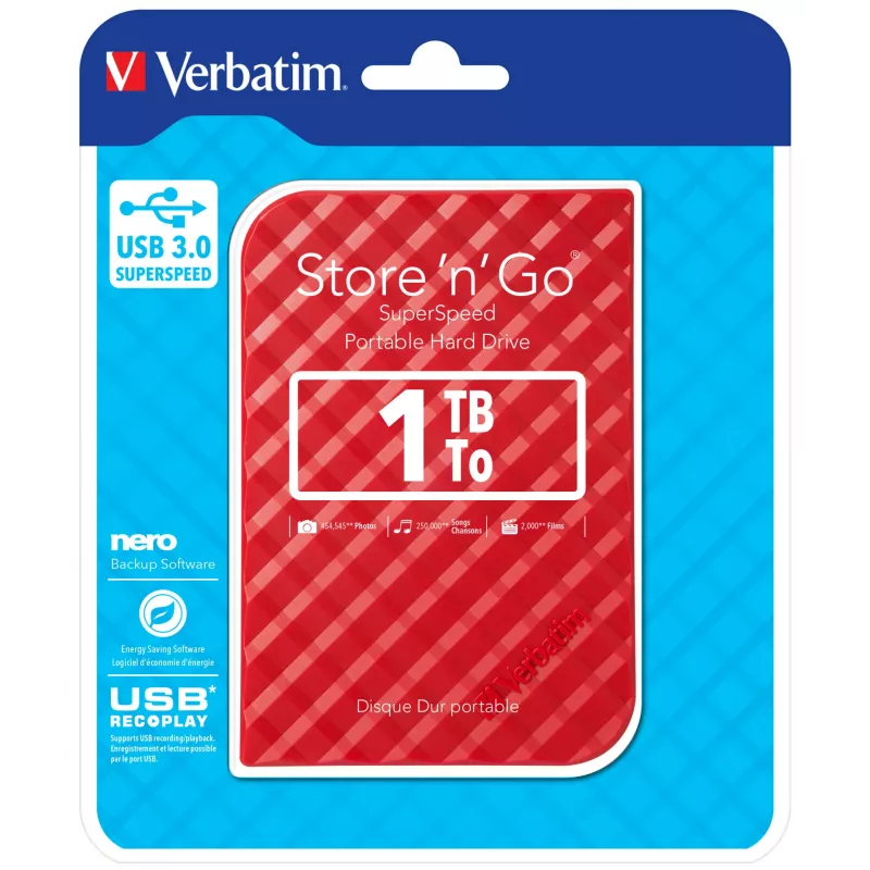 Verbatim Store 'n' Go USB 3.0 standusis diskas 1 TB raudonas, 1 TB, 3.2 Gen 1 (3.1 Gen 1), 5400 RPM, raudonas