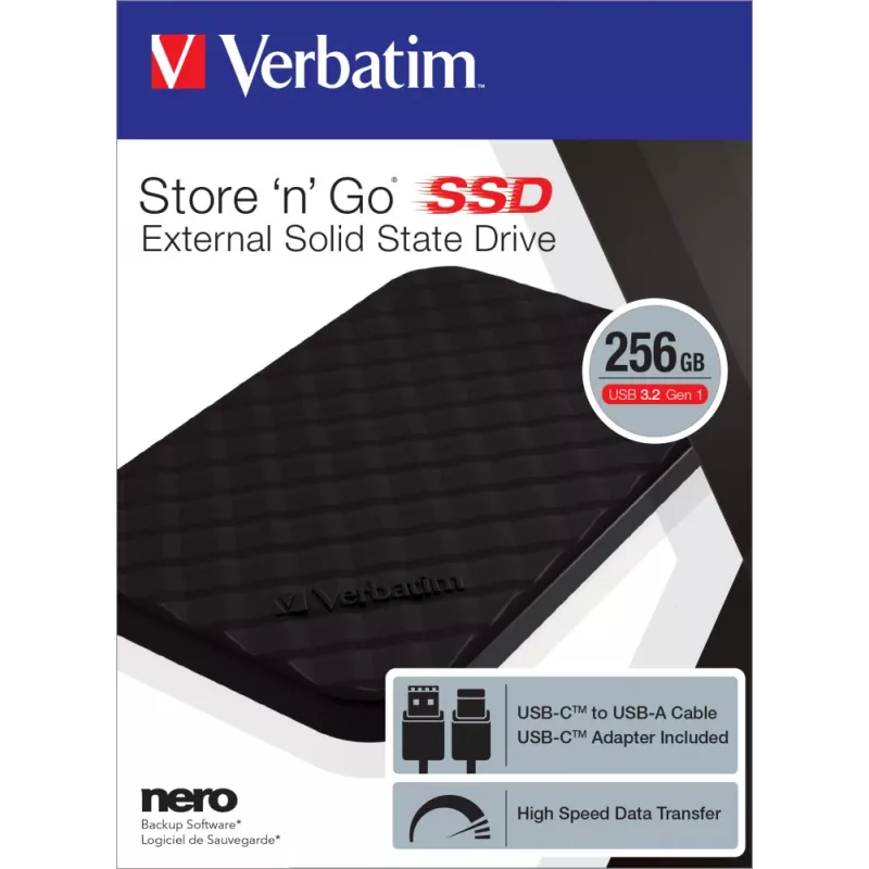 „Verbatim Store 'n' Go“ nešiojamasis SSD, USB 3.2 GEN 1, 256 GB, USB-C, 256 GB, USB Type-C, 3.2 Gen 1 (3.1 Gen 1), juodas