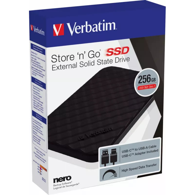 „Verbatim Store 'n' Go“ nešiojamasis SSD, USB 3.2 GEN 1, 256 GB, USB-C, 256 GB, USB Type-C, 3.2 Gen 1 (3.1 Gen 1), juodas