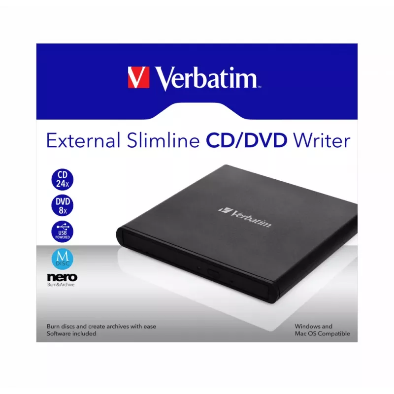 Verbatim External Slimline CD/DVD Writer optinis diskų įrenginys DVD±RW Juoda