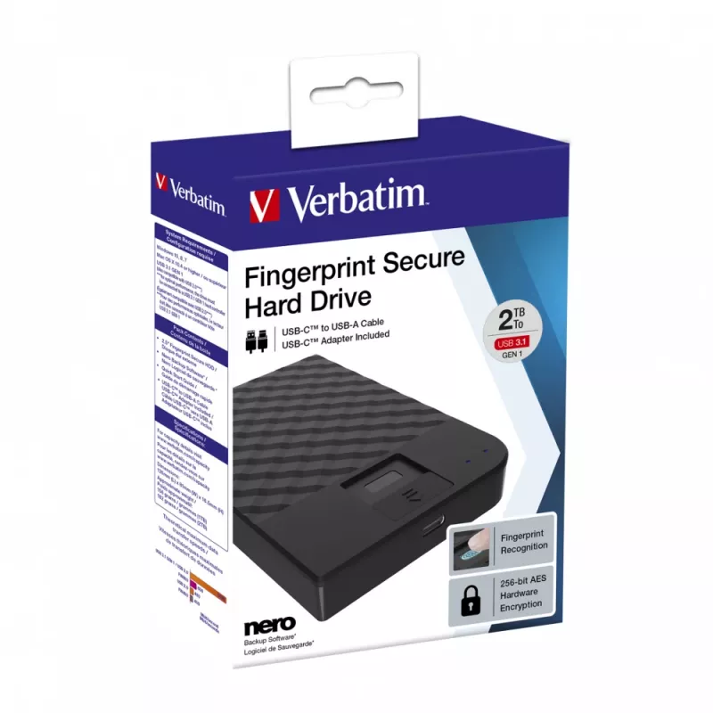 Verbatim Fingerprint Secure nešiojamasis standusis diskas 2 TB, juodas