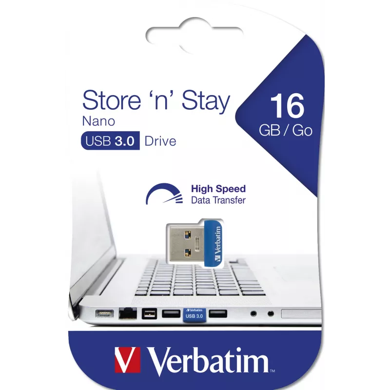Verbatim Store 'n' Stay NANO - USB 3.0 atmintukas 16 GB - Mėlynas, 16 GB, USB Type-A, 2.0, Dangtelis, 3 g, Mėlyna