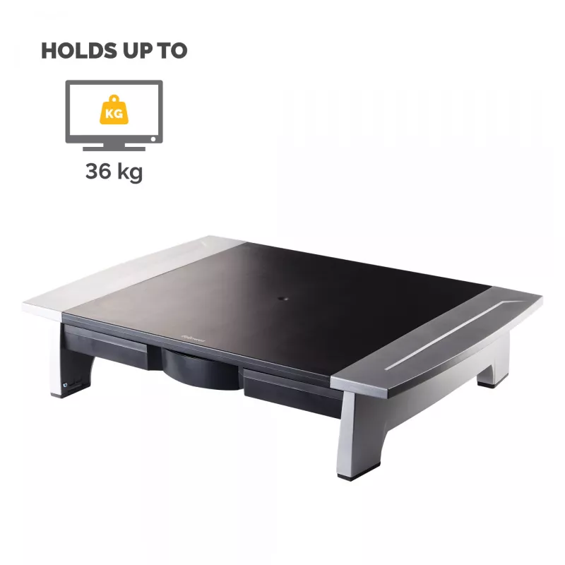 „Fellowes“ kompiuterio monitoriaus stovas su 5 aukščio reguliavimais – „Office Suites“ monitoriaus pakyla su laikymo dėklu – ergonomiškas reguliuojamas kompiuterio monitoriaus stovas – maks. svoris 36 kg / maks. dydis 28 coliai – grafitas