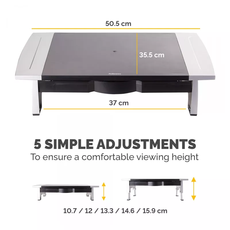 „Fellowes“ kompiuterio monitoriaus stovas su 5 aukščio reguliavimais – „Office Suites“ monitoriaus pakyla su laikymo dėklu – ergonomiškas reguliuojamas kompiuterio monitoriaus stovas – maks. svoris 36 kg / maks. dydis 28 coliai – grafitas