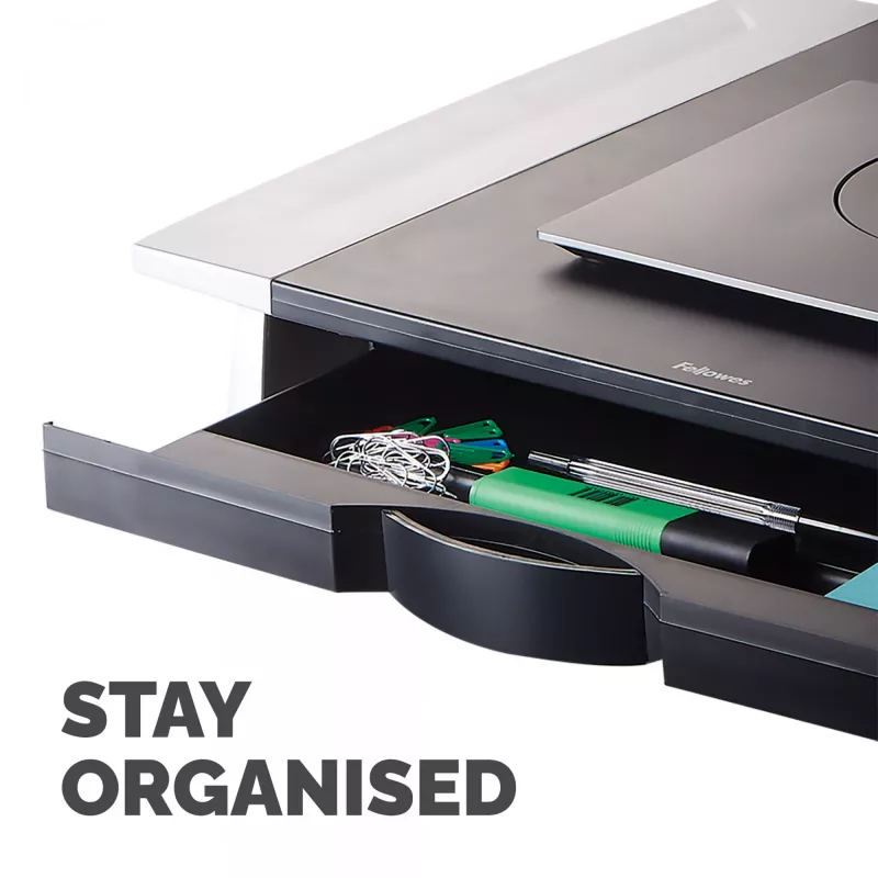 „Fellowes“ kompiuterio monitoriaus stovas su 5 aukščio reguliavimais – „Office Suites“ monitoriaus pakyla su laikymo dėklu – ergonomiškas reguliuojamas kompiuterio monitoriaus stovas – maks. svoris 36 kg / maks. dydis 28 coliai – grafitas