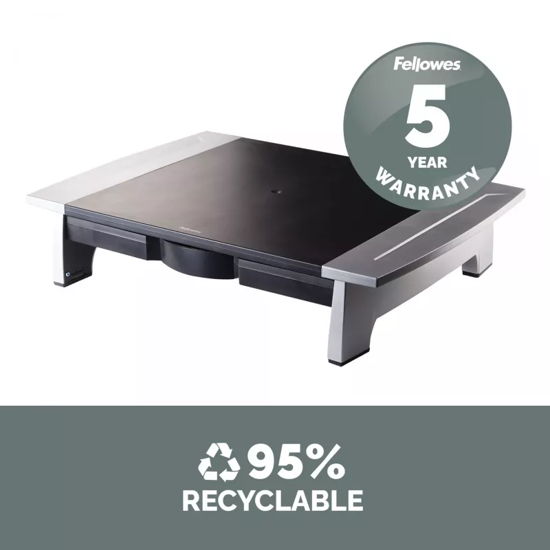 „Fellowes“ kompiuterio monitoriaus stovas su 5 aukščio reguliavimais – „Office Suites“ monitoriaus pakyla su laikymo dėklu – ergonomiškas reguliuojamas kompiuterio monitoriaus stovas – maks. svoris 36 kg / maks. dydis 28 coliai – grafitas