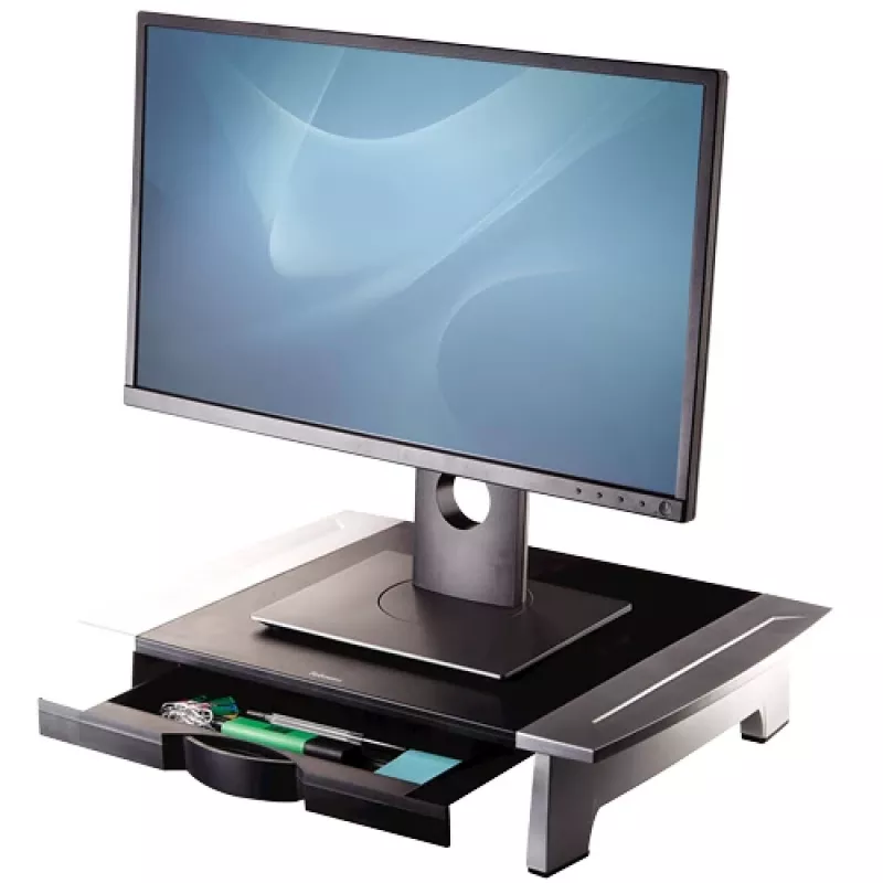 „Fellowes“ kompiuterio monitoriaus stovas su 5 aukščio reguliavimais – „Office Suites“ monitoriaus pakyla su laikymo dėklu – ergonomiškas reguliuojamas kompiuterio monitoriaus stovas – maks. svoris 36 kg / maks. dydis 28 coliai – grafitas