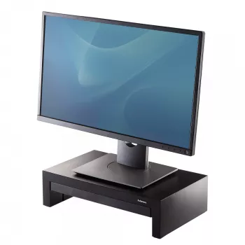Fellowes kompiuterio monitoriaus stovas su 3 aukščio reguliavimais - Designer Suites monitoriaus pakyla su daiktadėže - ergonominis reguliuojamas monitoriaus stovas kompiuteriams - maks. svoris 18 kg / maks. dydis 21 col. - juoda/perlamutrinė