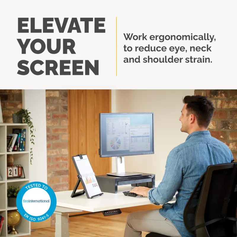 Fellowes kompiuterio monitoriaus stovas su 3 aukščio reguliavimais - Designer Suites monitoriaus pakyla su daiktadėže - ergonominis reguliuojamas monitoriaus stovas kompiuteriams - maks. svoris 18 kg / maks. dydis 21 col. - juoda/perlamutrinė