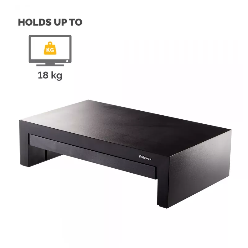 Fellowes kompiuterio monitoriaus stovas su 3 aukščio reguliavimais - Designer Suites monitoriaus pakyla su daiktadėže - ergonominis reguliuojamas monitoriaus stovas kompiuteriams - maks. svoris 18 kg / maks. dydis 21 col. - juoda/perlamutrinė