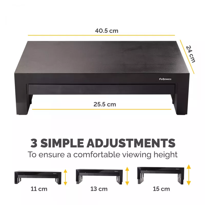 Fellowes kompiuterio monitoriaus stovas su 3 aukščio reguliavimais - Designer Suites monitoriaus pakyla su daiktadėže - ergonominis reguliuojamas monitoriaus stovas kompiuteriams - maks. svoris 18 kg / maks. dydis 21 col. - juoda/perlamutrinė