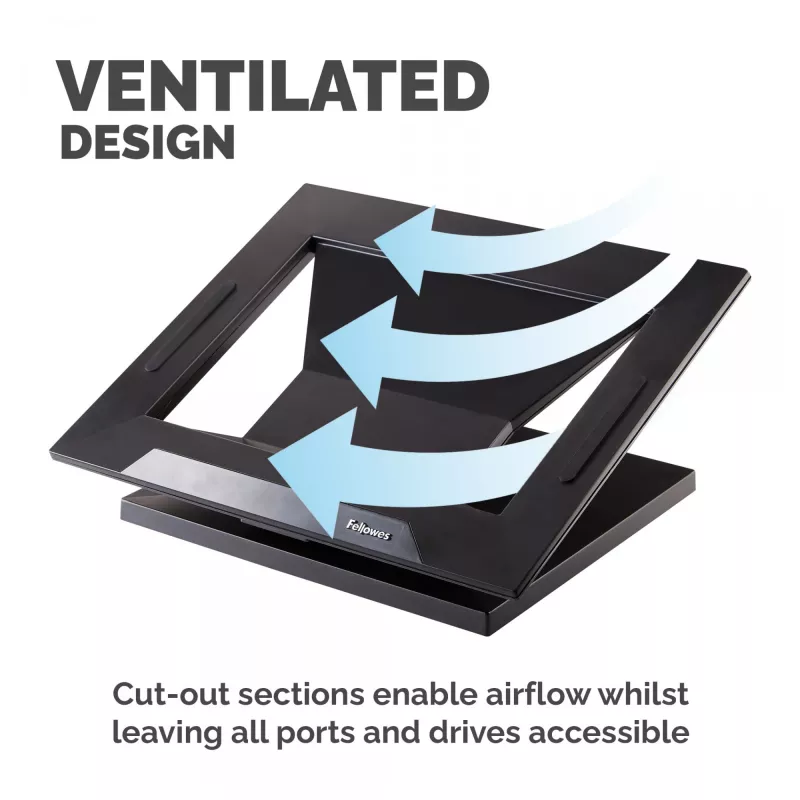Fellowes Designer Suites nešiojamojo kompiuterio stovas, Nešiojamojo kompiuterio stovas, Juoda, Plastikas, 43,2 cm (17 colių), 11,3 kg, FIRA International, EN ISO 9241-5