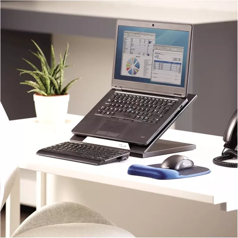 Fellowes Designer Suites nešiojamojo kompiuterio stovas, Nešiojamojo kompiuterio stovas, Juoda, Plastikas, 43,2 cm (17 colių), 11,3 kg, FIRA International, EN ISO 9241-5