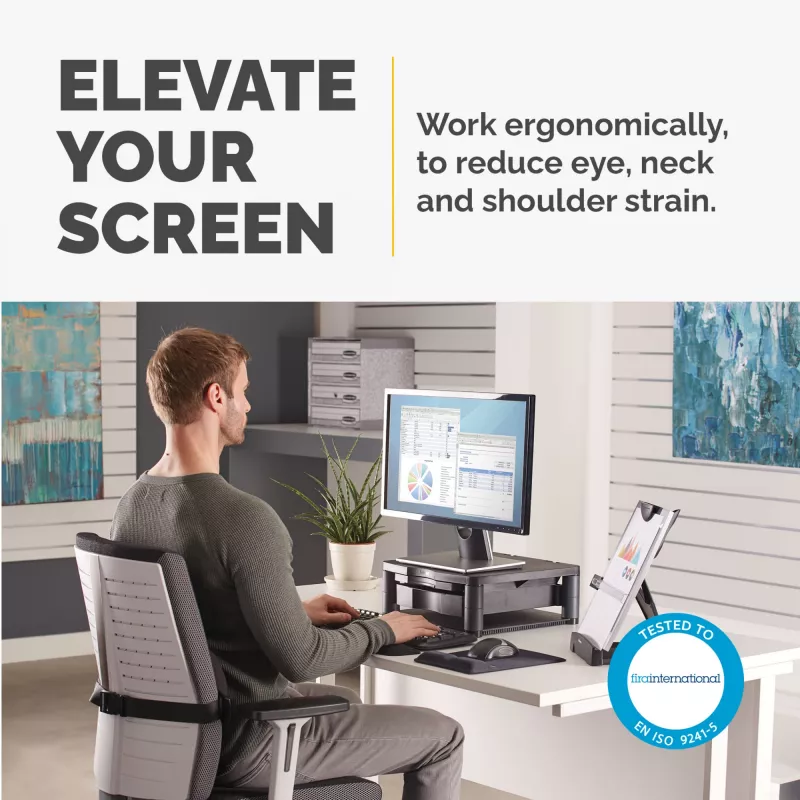Fellowes kompiuterio monitoriaus stovas su 3 aukščio reguliavimais - Premium Monitor Riser Plus su kabelių valdymu - Ergonominis reguliuojamas monitoriaus stovas kompiuteriams - Maks. svoris 36 kg / Maks. dydis 21 col. - Grafitinis